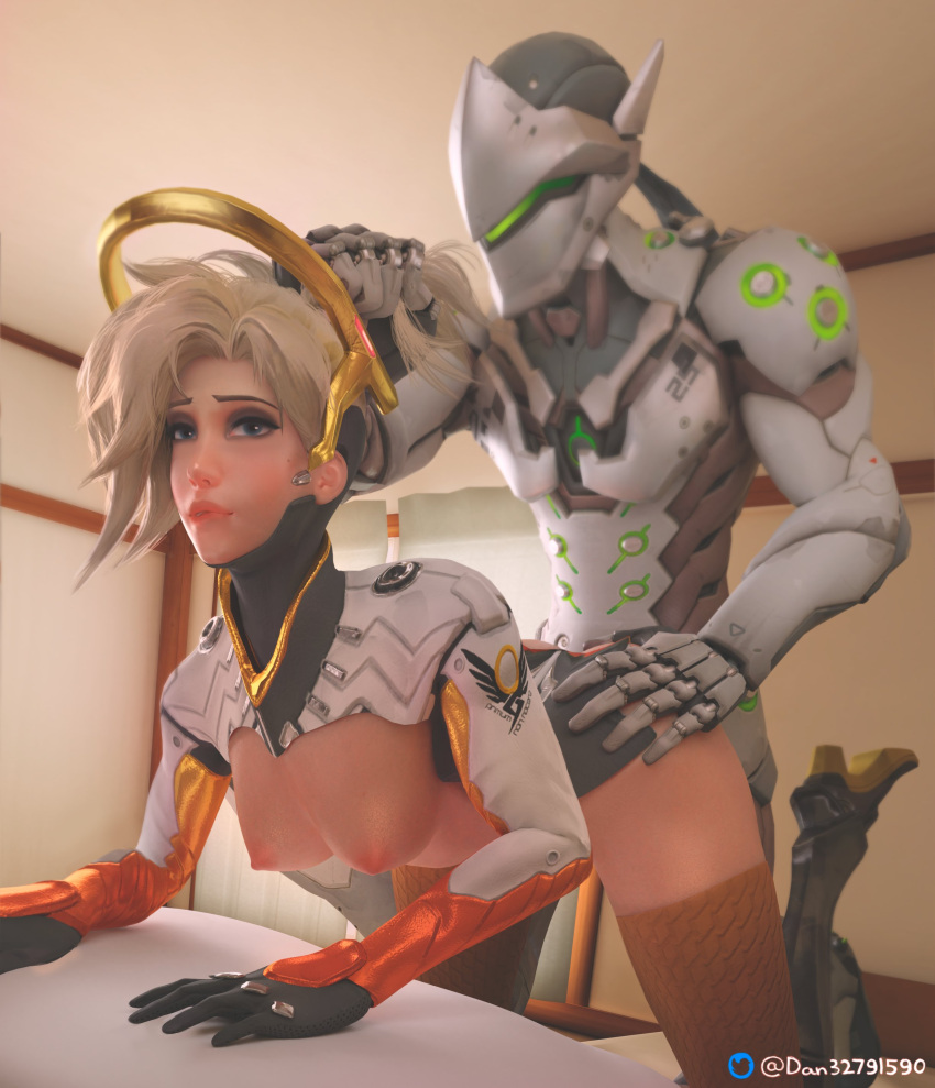 1boy 1girls 3d areolae biting_lip blonde_hair blue_eyes breasts darcy_mcphie doggy_style eyeshadow female from_behind genji hair_pull male mercy nipples overwatch ponytail ponytail_hold sex straight tied_hair