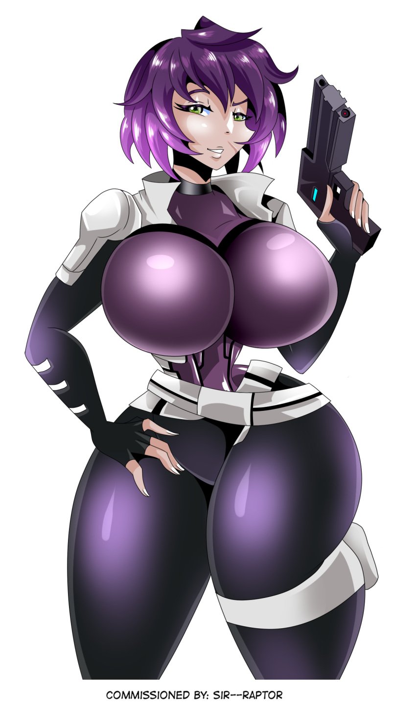 1girls big_breasts breasts commission green_eyes gun hourglass_figure huge_breasts mei_(pacific_rim:_the_black) pacific_rim pacific_rim:_the_black purple_hair scar short_hair solo solo_female thick thick_thighs thighs thin_waist tight_clothing white_background zantchan