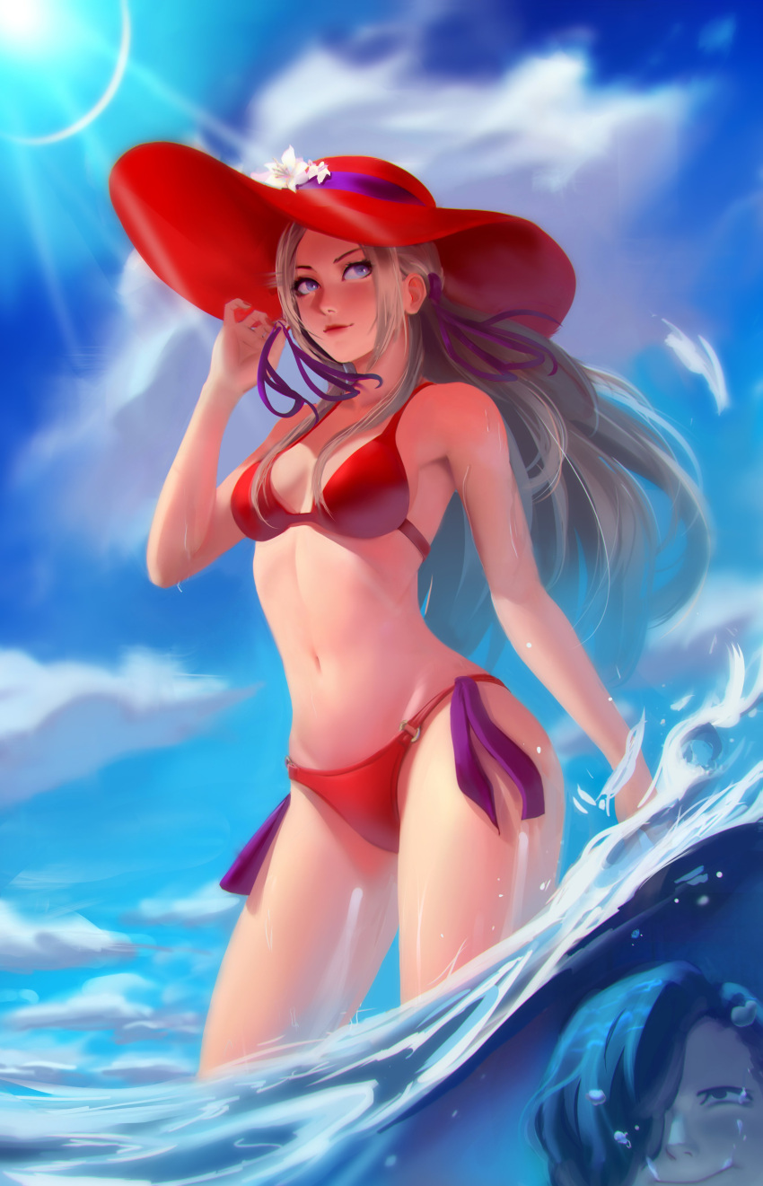 1boy 1girls absurdres alternate_costume beach bikini blue_sky breasts cleavage edelgard_von_hresvelg female fire_emblem fire_emblem:_three_houses hat highres hubert_von_vestra lens_flare light_rays long_hair mattikarp medium_breasts navel nintendo ocean partially_submerged partially_underwater_shot red_bikini red_headwear red_swimsuit silver_hair sky smile solo_focus standing stomach submerged sun_hat sunlight swimsuit underwater wading water you_gonna_get_raped