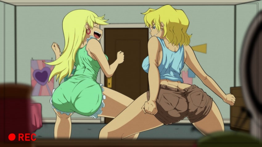 2girls ass ass_focus ass_shake back_view big_ass big_breasts breasts closed_eyes dimples_of_venus female female_only kiryu-sketchbook leni_loud looking_at_viewer looking_back lori_loud recording sideboob smile the_loud_house thick_thighs twerking