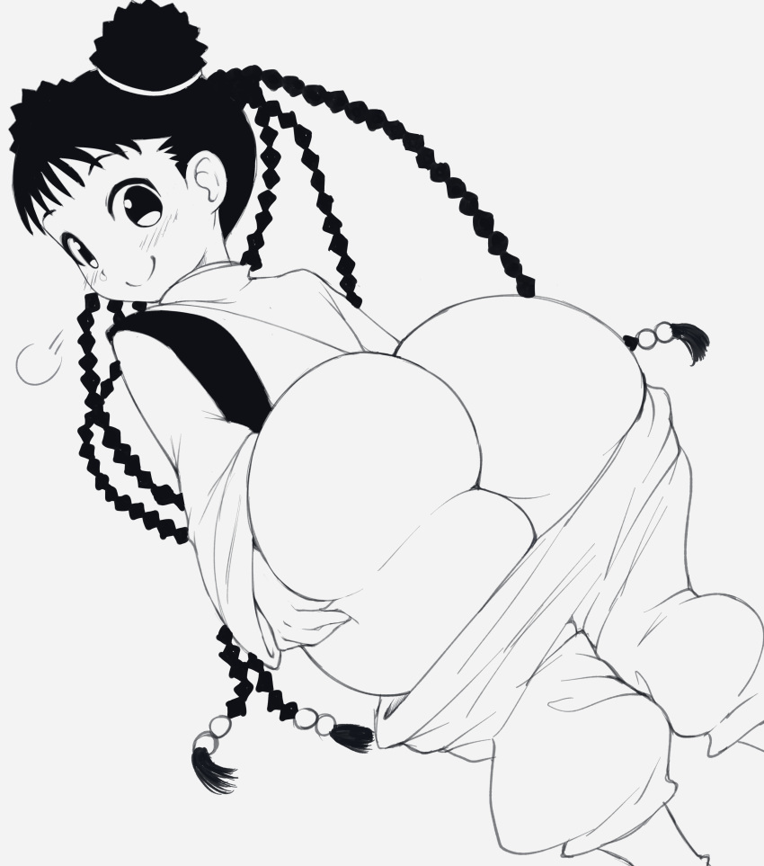 aged_up big_butt butt butt_crack female fullmetal_alchemist fullmetal_alchemist_brotherhood huge_butt looking_at_viewer looking_back may_chang monochrome mooning pants pants_down shortstack solo thanuki thanukiart thick_thighs