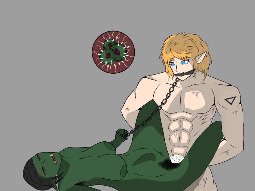 1boy big_breasts big_muscles big_penis blonde_hair bondage cum_in_pussy cum_inside elf elf_boy female green_skin happy_sex impregnation interspecies light-skinned_male muscular_male orc orc_female original_character ovum sperm_cell tied_up