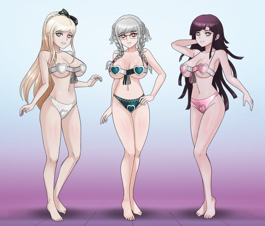 3girls big_breasts blonde_hair braided_hair breasts danganronpa danganronpa_2:_goodbye_despair female female_only grey_hair harem_outfit heart-shaped_pupils light-skinned_female light_skin lingerie mind_control pekoyama_peko ponytail pose posing purple_hair shinzu031 smile smiling smooth_skin sonia_nevermind tsumiki_mikan