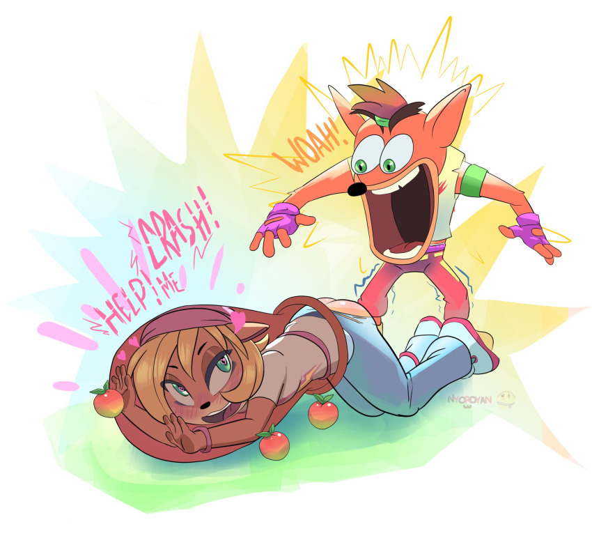 anthro ass bag clothing coco_bandicoot crash_(series) crash_bandicoot exposed_ass female heart heart-shaped_pupils helpless male nyoronyan overalls startled stuck torn_clothes trapped woah woah_(meme) wumpa_fruit