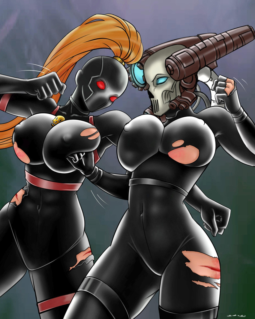 2girls ass big_ass big_breasts blood blue_eyes bodysuit breasts bruise callidus_assassin catfight culexus_assassin female female_focus female_only fight fighting fully_clothed imperium_of_man multiple_girls officio_assassinorum orange_hair punch punching punching_breasts red_eyes ripped_bodysuit ripped_clothing ryona scars sidneydesenhus skin_tight skull_mask slam slamming warhammer_(franchise) warhammer_40k yuri