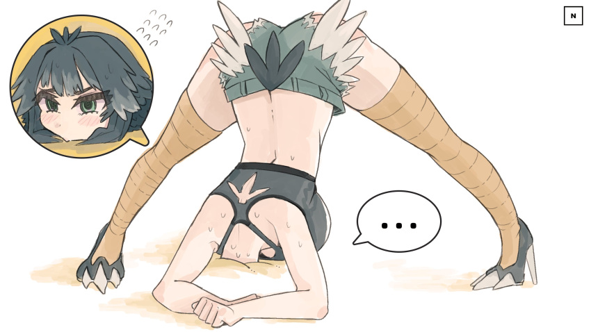 blush claws digital_media_(artwork) feathers fluffy_hair green_eyes high_heels jack-o_pose jackochallenge navy_blue_hair nicosarea original_character ostrich ostrich-chan sand short_hair shorts sports_bra spread_legs stockings thighhighs