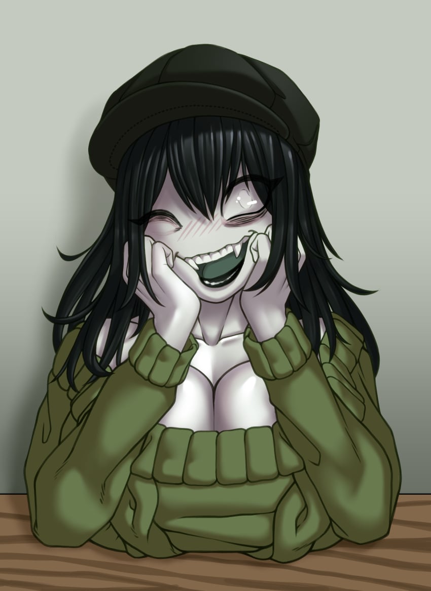 black_hair creepette_holloway elbows_on_table hat necozuki open_mouth resting_on_arms sharp_teeth sweater table white_eyes white_skin wink