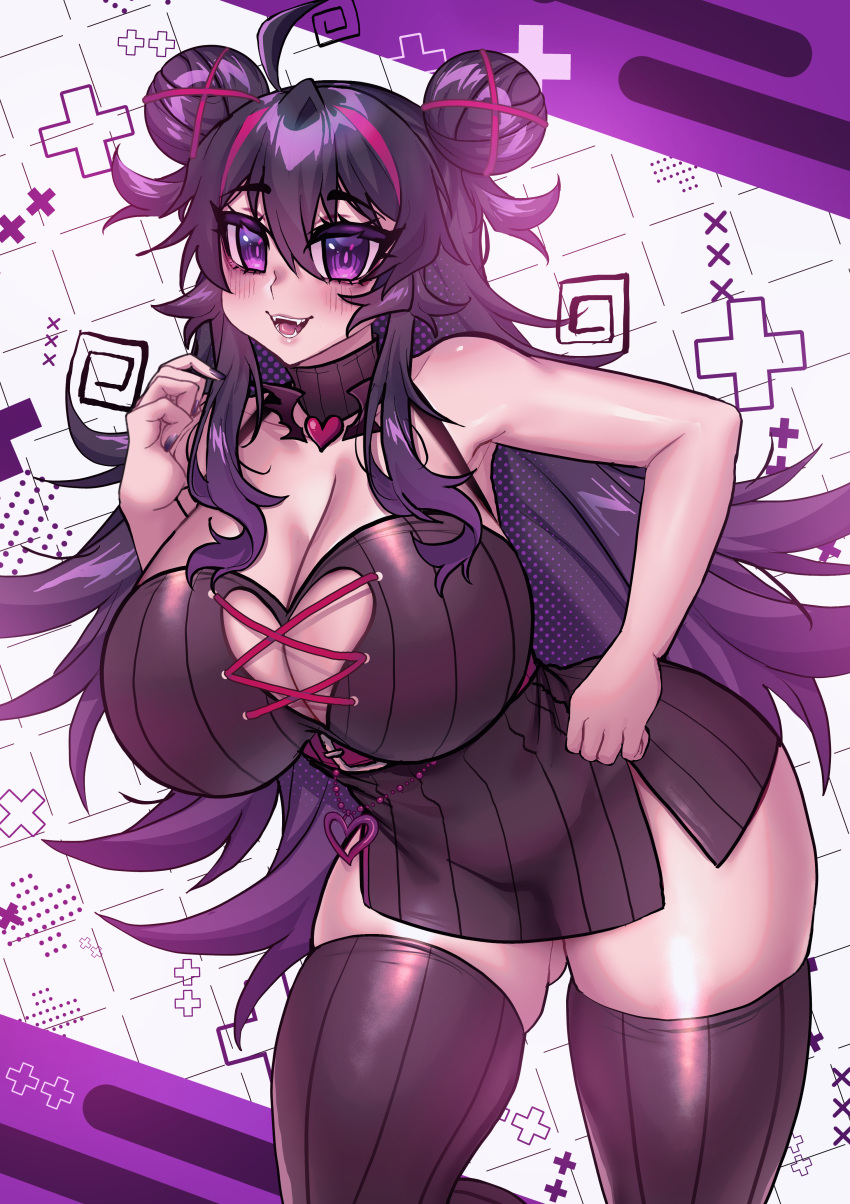 ass_visible_through_thighs bent_over big_breasts blush cleavage cosplay crawling_dreams curvy dark_hair elizabeth_(osiimi) hair_buns hourglass_figure huge_breasts looking_at_viewer miniskirt nyarla_(crawling_dreams) original osiimi purple_eyes thick_thighs thighhighs thunder_thighs