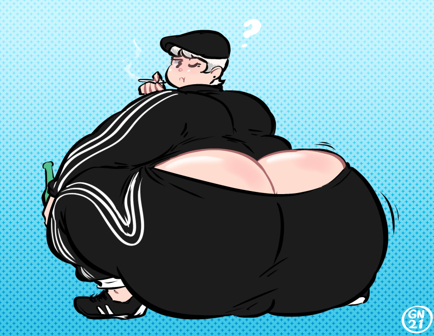 1boy ? ass_cleavage butt_crack femboy from_behind gammanaut girly hat huge_ass looking_at_viewer looking_back male_only overweight overweight_male question_mark russian russian_femboy slav_squat smoking tracksuit white_hair