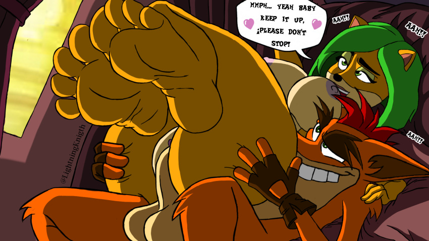 ami_bandicoot anthro ass balls big_ass big_penis breasts comic crash_(series) dialogue excited fake_crash feet feet_together feet_up fucked_from_behind furry furry_female furry_male green_eyes green_hair lightningknight nipples penetration penis pussy red_hair smile trophy_girls