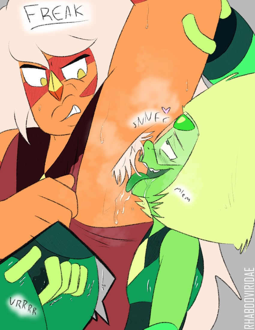 armpit armpit_fetish armpit_hair armpit_licking armpits clothing female female/female gem_(species) hair hairy_armpits jasper_(steven_universe) licking_armpit masturbation masturbation_through_clothing musk musky peridot_(steven_universe) pit_sniffing sniffing steven_universe sweat sweaty_armpits wolftacos yuri