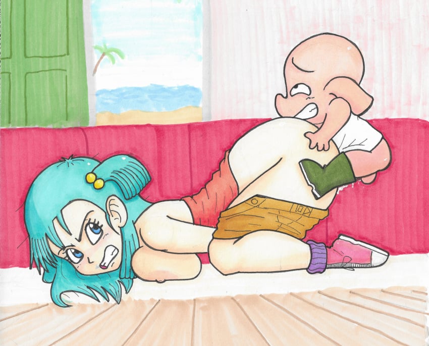 1boy 1boy1girl 1girls angry angry_face angry_sex balls big_breasts blue_hair brownpidgeon bulma_briefs cum cum_inside doggy_style dragon_ball interspecies large_areolae large_ass nipples oolong shorts_down size_difference smile