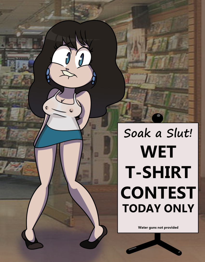 1girls biting_lip blue_eyes breasts brown_hair earrings eyelashes female_focus female_only looking_at_viewer medium_breasts megan_schroeder nipples nipples_visible_through_clothing see-through_clothing shoes sign skirt sonichu tagme tagme_(artist) tank_top wet_clothes