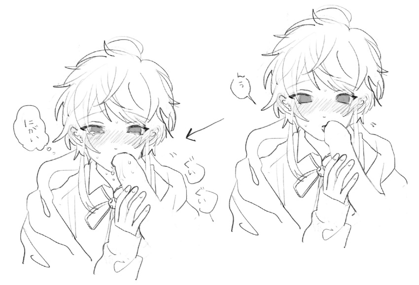 1boy amemura_ramuda blush fellatio femboy hypnosis_mic monochrome okashi_nini oral sucking