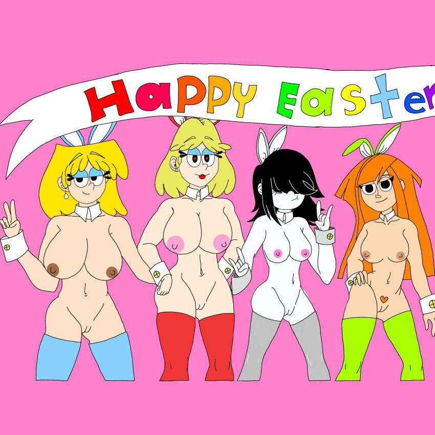 4girls aged_up areola areolae bangs big_breasts black_hair blonde_hair breasts bunny_ears crossover easter female female_only goth hair_over_eyes happy_easter heart-shaped_pupils huge_breasts large_breasts leon_pazchowder lori_loud lucy_loud milf multiple_females multiple_girls netflix nickelodeon nipples older orange_hair pubic_hair pussy reggie_(twelve_forever) rita_loud smile stockings straight_hair the_loud_house thigh_highs thighhighs twelve_forever