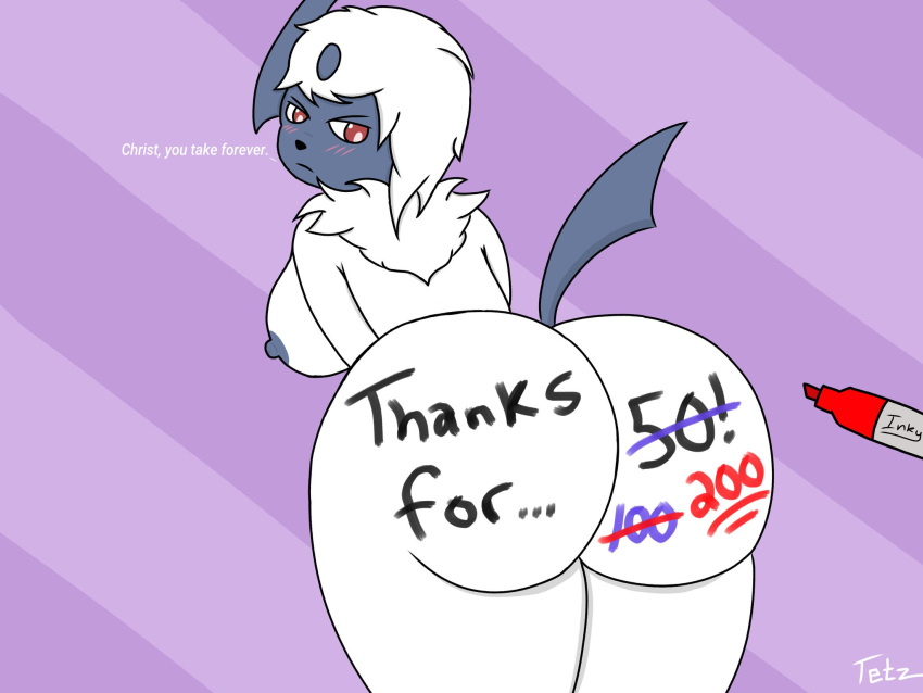 absol anthro anthrofied ass blush breasts female fur hi_res marker nintendo pokémon_(species) pokemon pokemon_(species) pokemorph solo tetz_(artist) text video_games white_body white_fur