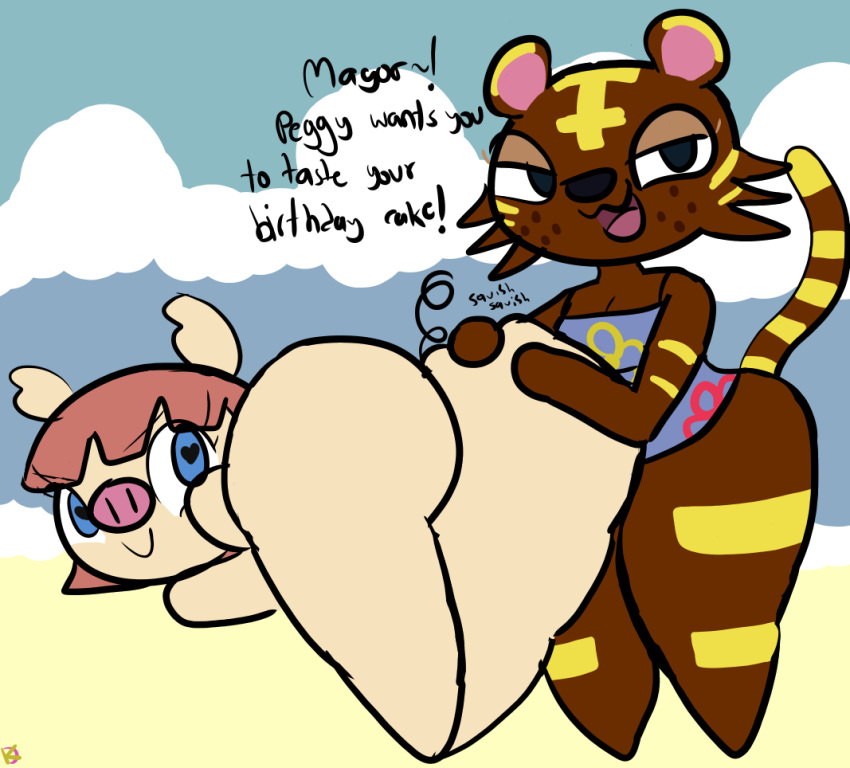 2019 2girls animal_crossing bangle_(animal_crossing) beach klutzatdusk nintendo peggy_(animal_crossing) pig presenting presenting_hindquarters seductive shortstack tiger