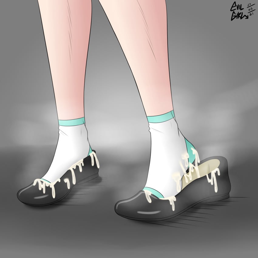 2021 blend_s cum cum_in_shoe cum_in_shoes cum_in_sock cum_on_feet evilgirl feet flats foot_fetish foot_focus gray_background kanzaki_hideri legs semen shoes simple_background socks steam