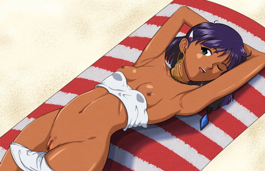 1girls 2021 armpits arms_behind_head bandeau bandeau_pull bangs beach beach_towel bob_cut breasts clitoris collarbone commentary curvaceous dark-skinned_female dark_skin earrings exhibitionism female film_grain fushigi_no_umi_no_nadia gainax gem green_eyes hair_ornament hairclip highres hoop_earrings human jewelry large_breasts lying mantarays nadia_la_arwall navel neck_ring necklace nipples on_back open_mouth outdoors panties panty_pull pendant princess pubic_hair purple_hair pussy sand short_hair small_breasts solo sparse_pubic_hair strapless sunbathing thick_thighs towel tubetop tubetop_pull uncensored underwear upper_teeth white_bandeau white_panties wide_hips