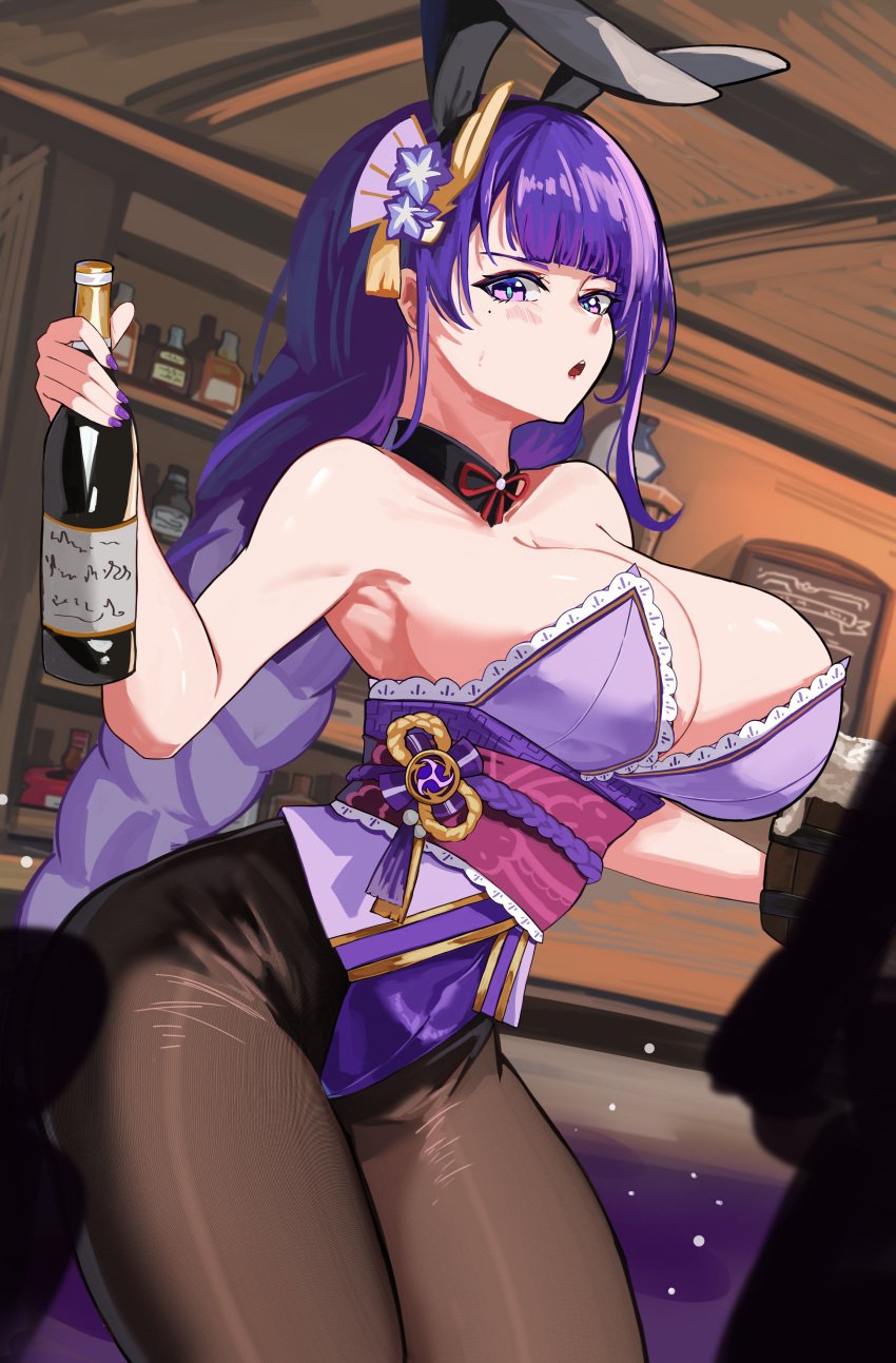 1girls 2021 :o armpits beauty_mark blush breasts bunny_ears bunny_girl bunnysuit cleavage female female_focus female_only genshin_impact highres hips holding_object huge_breasts indoors long_hair looking_at_viewer loooyd purple_clothing purple_eyes purple_hair raiden_shogun sheer_legwear slim_waist thick_thighs thighs tights wide_hips