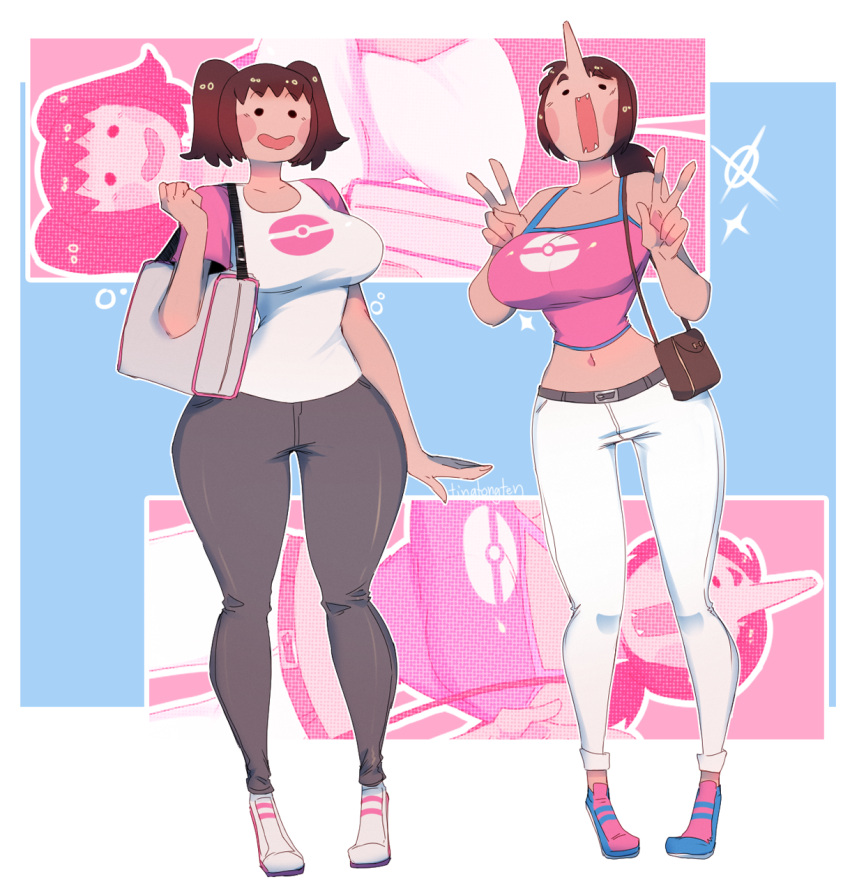 2girls animon blush brown_hair crop_top cute derp derp_eyes ditto ditto_copied_person ditto_face dopey handbag large_breasts midriff peace_sign pokemon pokemon_(species) ponytail purse sfw shoulder_bag silly_face tingtongten transformed transformed_ditto twintails wide_hips