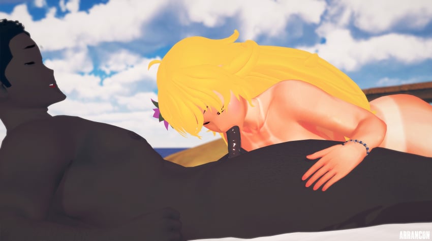 1boy 1girls arrancon black_penis blonde_female blonde_hair blowjob dark-skinned_male flower_in_hair long_hair long_hair_female nude_female nude_male rwby yang_xiao_long