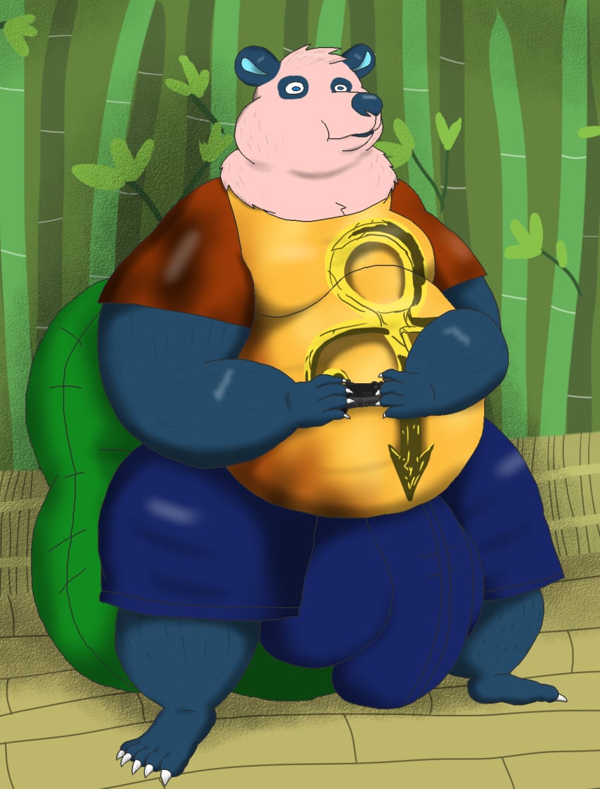 alythewolfcat animal_crossing anthro bean_bag bear belly big_belly big_bulge blue_spots bulge chow_(animal_crossing) controller detailed_bulge fur game_controller genital_outline giant_panda hi_res huge_belly huge_bulge hyper hyper_bulge male mammal nintendo nintendo_controller nintendo_switch overweight overweight_male penis_outline pink_body pink_fur solo spots switch_pro_controller