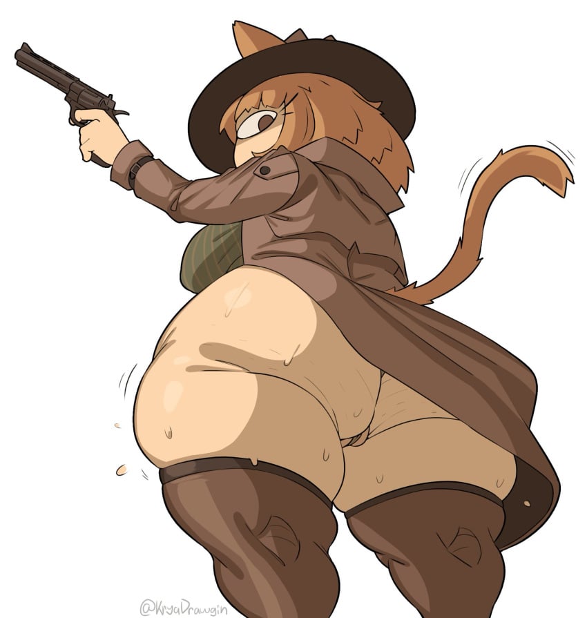 1girls big_ass bottomless cameltoe cat_ears cat_tail gun kryadrawgin large_ass looking_at_viewer looking_back neco-arc panties sole_female stockings sweaty_butt tail trenchcoat