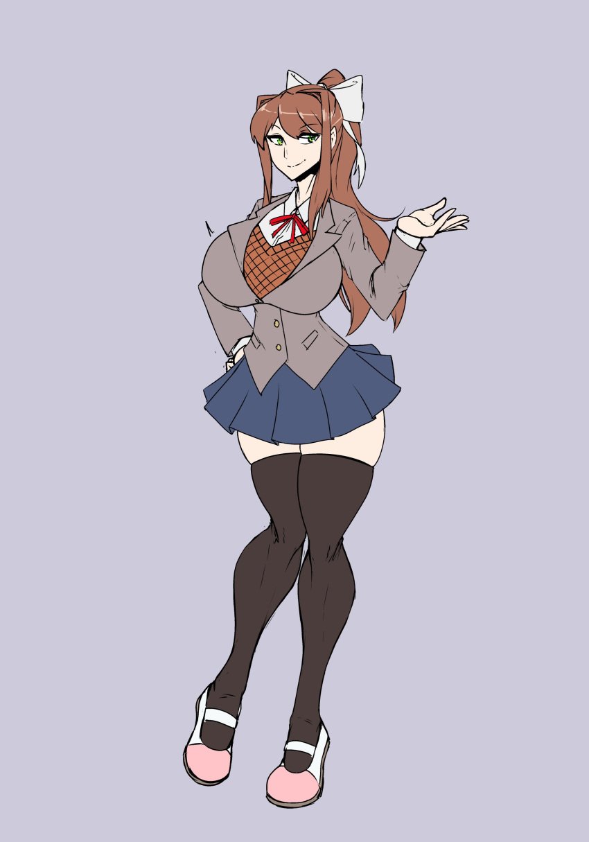 1girls 2021 anime_style big_breasts blazer breast_expansion breasts brown_hair color doki_doki_literature_club expansion female female_only green_eyes hand_on_hip hi_res high_resolution highres human human_only just_monika large_breasts looking_at_viewer monika_(doki_doki_literature_club) not_furry rust_and_bolts simple_background skirt smile smiling_at_viewer solo solo_female thighhighs white_bow