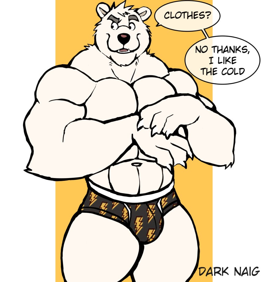 anthro balls bara barazoku bear bulge darknaigart flaccid furry gay male male_only muscles muscular penis polar_bear solo solo_male speech_bubble underwear underwear_only ursid ursine