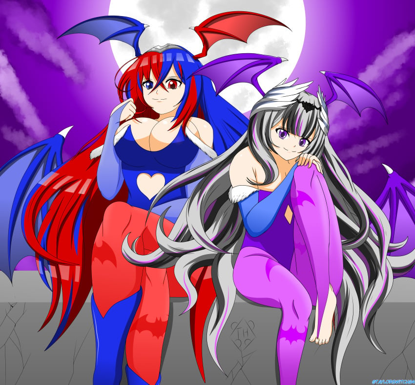 2girls absurdres alear_(female)_(fire_emblem) alear_(fire_emblem) barefoot bat_wings big_sister blue_eyes blue_hair boots breasts capcom cleavage cosplay darkstalkers dual_colored_hair fire_emblem fire_emblem_engage fire_emblem_heroes flat_chest gray_hair heterochromia large_breasts leotard lilith_aensland lilith_aensland_(cosplay) looking_at_viewer moon morrigan_aensland morrigan_aensland_(cosplay) night nintendo purple_eyes purple_hair red_eyes red_hair sisters sitting skin_tight small_breasts smile succubus tagme taylor_hall taylorswitch64 thighhighs tiara vampire_(game) veyle_(fire_emblem) wings