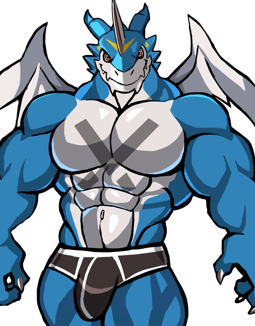 anthro balls bara barazoku bulge darknaigart digimon exveemon flaccid gay looking_at_viewer male male_only muscles muscular penis scalie solo solo_male underwear underwear_only wings