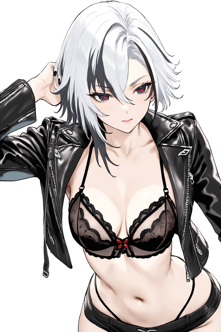 ai_generated arlecchino_(genshin_impact) black_hair bra breasts female genshin_impact jacket light-skinned_female light_skin lingerie panties short_hair streaked_hair underwear white_hair