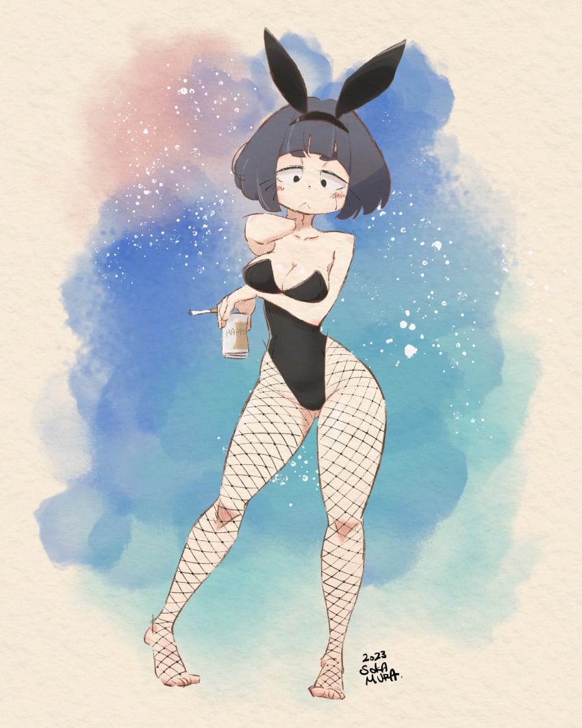 beer beer_can big_ass big_breasts black_bunnysuit black_eyebrows black_hair blush bunny_ears bunnysuit butt_from_the_front cigarette cleavage feet female female_only fishnets frown highres long_eyelashes pinup sokamura solo solo_female thick_thighs