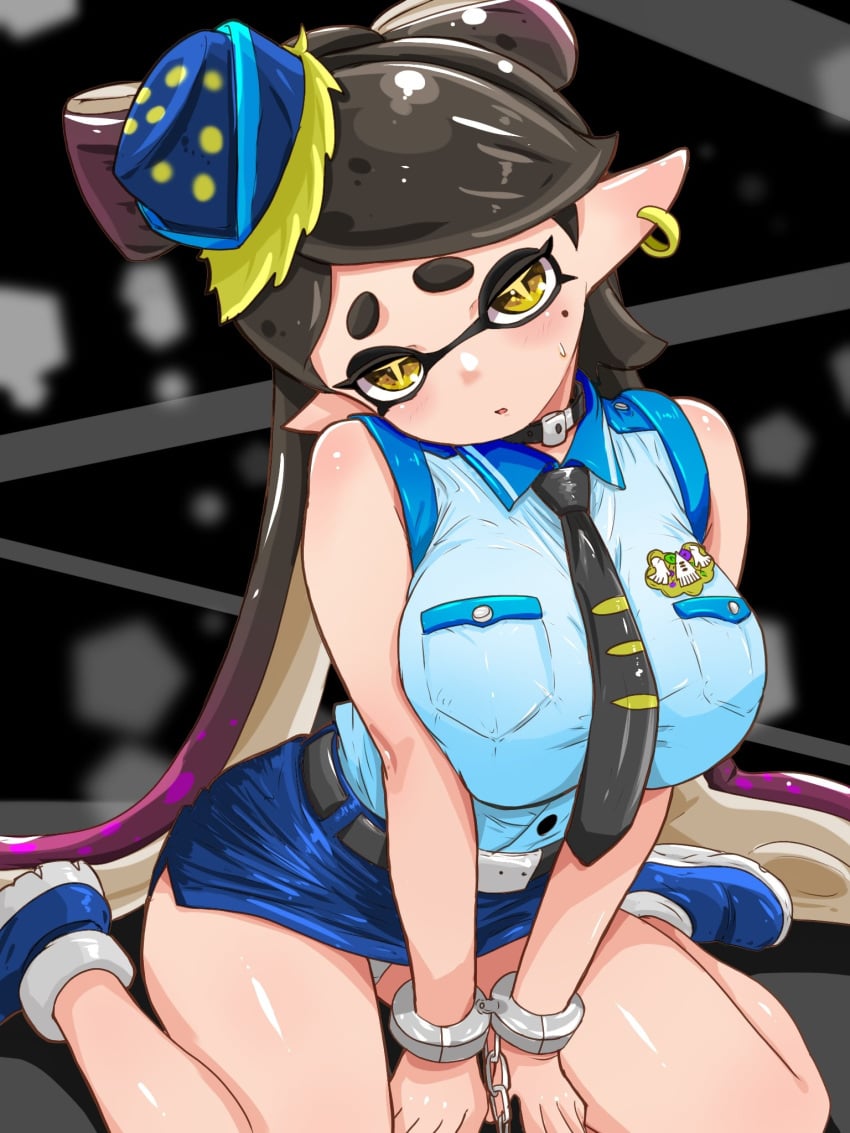 +_+ 1girls bare_shoulders belt between_breasts black_belt black_hair black_necktie blue_hat blue_shirt blue_shoes blue_skirt breast_pocket breasts callie_(splatoon) cephalopod_eyes choker cross-shaped_pupils cuffs earrings female handcuffed handcuffs hat hoop_earrings inkling inkling_girl jewelry large_breasts long_hair looking_at_viewer miniskirt mole mole_under_eye multicolored_hair necktie nintendo open_mouth panties pencil_skirt pink_hair pocket pointy_ears police police_badge police_uniform policewoman shirt shoes single_earring sitting skirt sleeveless sleeveless_shirt splatoon splatoon_(series) squid_girl suction_cups sweat symbol-shaped_pupils t2ukmyjm tentacle_hair twintails two-tone_hair two_tone_hair underwear white_panties yellow_eyes