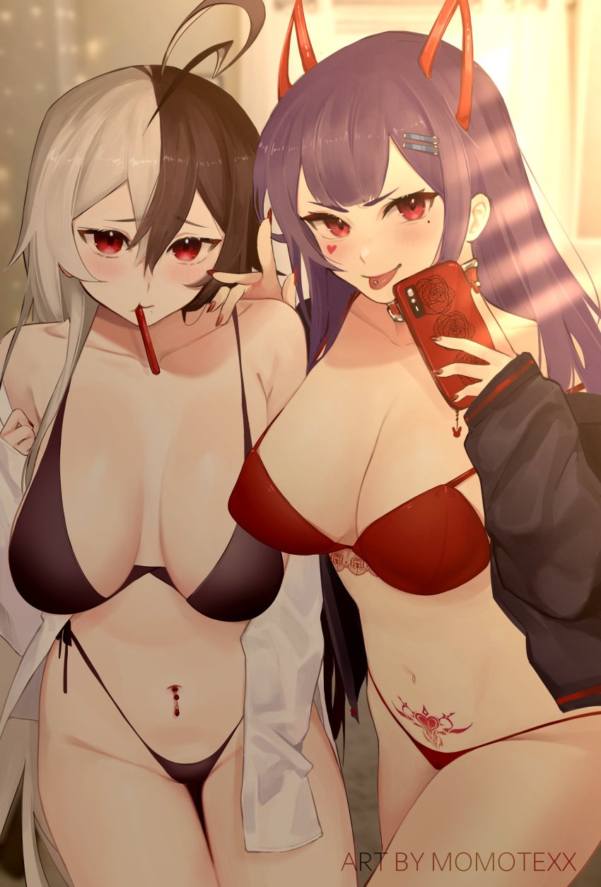 2girls ahoge akuma_nihmune antenna_hair bangs barcode_tattoo bikini black_hair black_panties blush body_writing bra breasts brown_hair cleavage cowboy_shot earrings eyebrows_visible_through_hair grey_hair hair_between_eyes hair_ornament hairclip highleg large_breasts leg_tattoo long_hair looking_at_viewer mole mole_under_eye momotexx_(artist) momotexx_(vtuber) multiple_girls navel off_shoulder open_clothes open_shirt panties piercing pubic_tattoo purple_hair red_bra red_eyes red_panties shirt smile standing stomach string_panties swimsuit tally tattoo tongue tongue_out underwear very_long_hair vyugen white_shirt