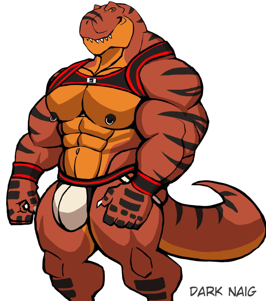 anthro balls bara barazoku bulge darknaigart dinosaur flaccid gay jockstrap male male_only muscles muscular nipple_piercing penis scalie solo solo_male tail thick_thighs tyrannosaurid tyrannosaurus tyrannosaurus_rex