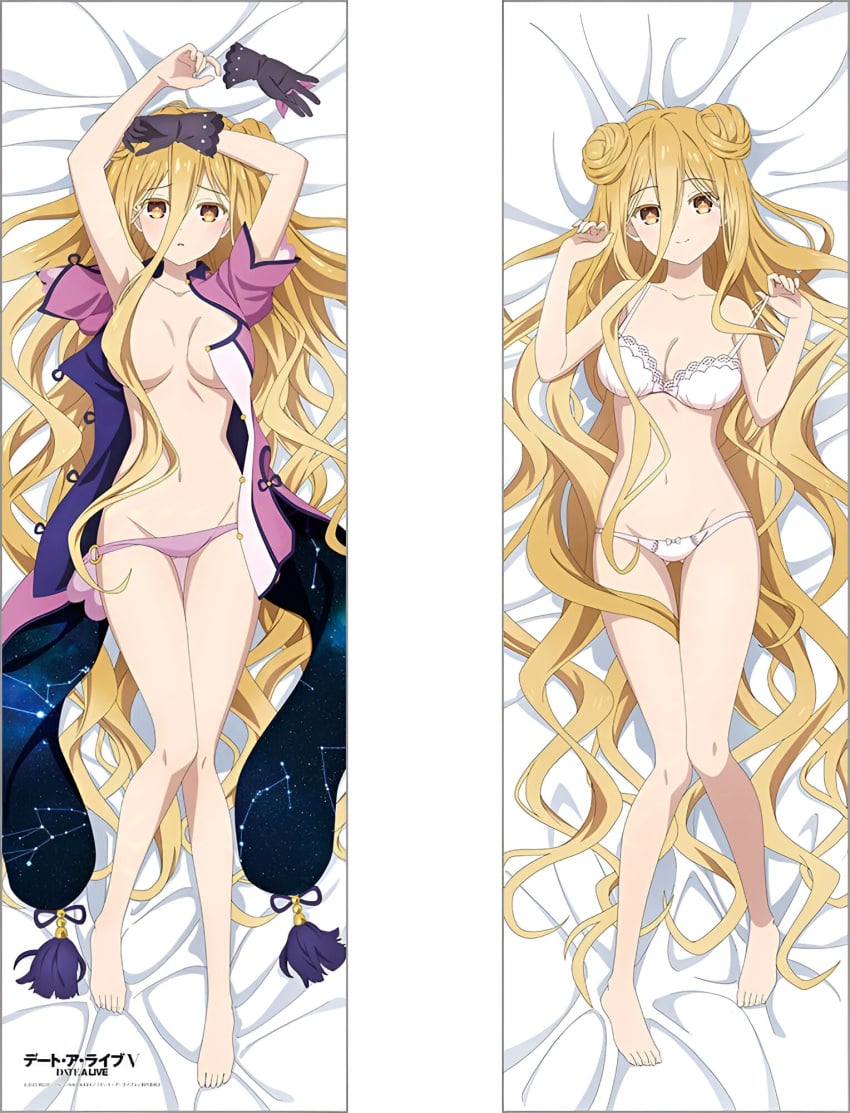 arms_up bare_belly bare_legs bare_thighs barefoot bed_sheet belly_button big_breasts black_gloves blonde_hair blush bra breasts cleavage closed_mouth collarbone convenient_censoring dakimakura dakimakura_design date_a_live double_bun feet gloves groin hair_bun hoshimiya_mukuro knees_together_feet_apart long_hair lying no_bra official_art open_clothes panties panty_pull parted_lips purple_dress purple_panties smile strap_pull thighs toes underwear unworn_gloves white_bra white_panties yellow_eyes