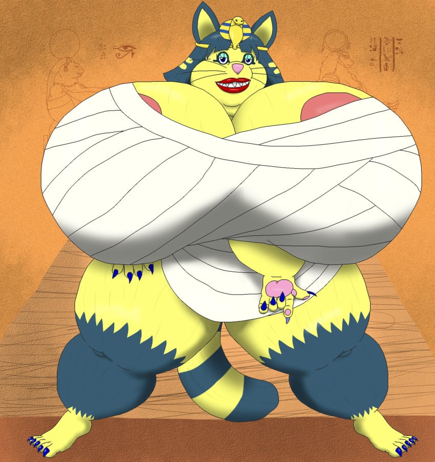 alythewolfcat animal_crossing ankha ankha_(animal_crossing) anthro big_breasts breasts domestic_cat egyptian_mau felid feline felis female hi_res hieroglyphics huge_breasts hyper hyper_breasts makeup mammal nintendo nipple_slip overweight overweight_female solo