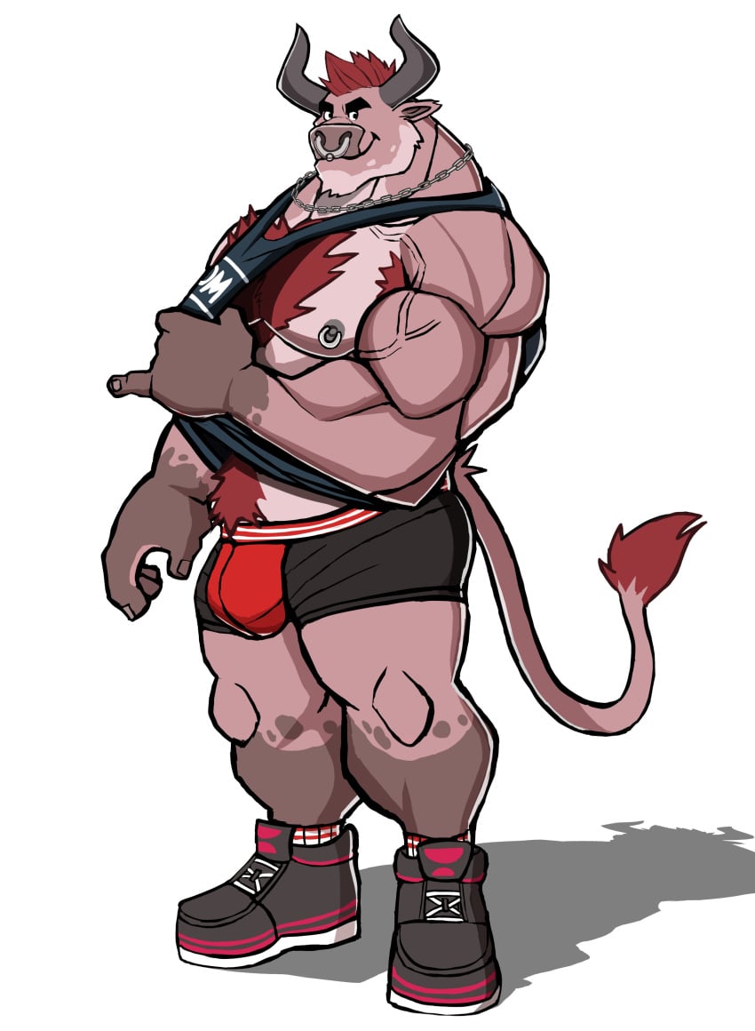 anthro balls bara barazoku bovid bulge bull clothing darknaigart flaccid furry gay horns male male_only muscles muscular nipple_piercing nose_ring penis solo solo_male