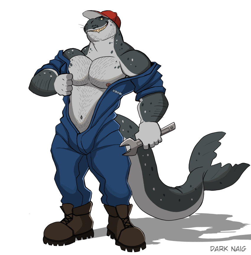 anthro balls bara barazoku boots bulge clothing darknaigart flaccid gay male male_only mechanic muscles muscular navel penis seal solo solo_male spotted_seal tail