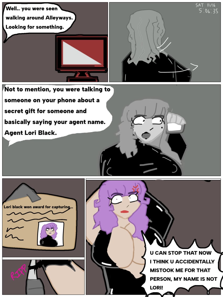 camera comic corruptedftm_(artist) hands_tied_above_head huge_breasts knife latex mad misunderstanding mole newspaper original_character purple_eyes purple_hair purple_lipstick red_eyes ripping_clothing story