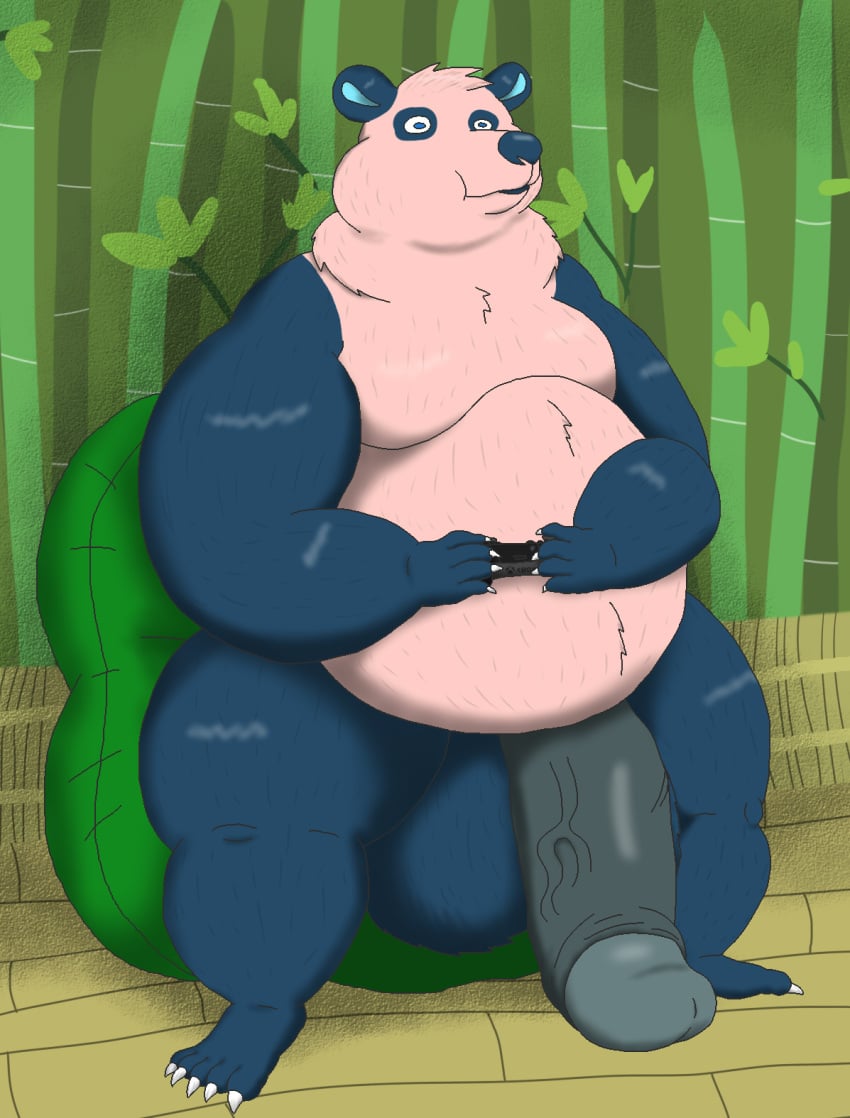 alythewolfcat animal_crossing anthro balls bean_bag bear belly big_balls big_belly big_penis blue_spots chow_(animal_crossing) controller fur game_controller genitals giant_panda hi_res huge_balls huge_belly huge_cock hyper hyper_balls hyper_genitalia hyper_penis male mammal nintendo nintendo_controller nintendo_switch penis pink_body pink_fur solo solo_male spots switch_pro_controller wide_hips