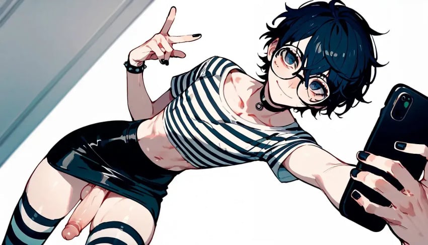 ai_generated akira_kurusu big_dick black_nail_polish black_nails choker cropped_shirt femboy femboy_only glasses large_penis penis penis_out penis_under_skirt persona persona_5 selfie selfie_with_penis solo_male