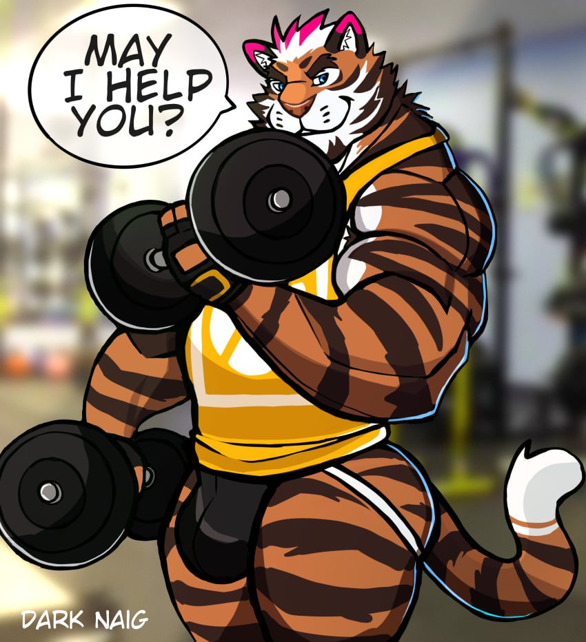 anthro balls bara barazoku bulge darknaigart exercise flaccid furry gay gym jockstrap male male_only muscles muscular penis solo solo_male speech_bubble tiger weightlifting working_out