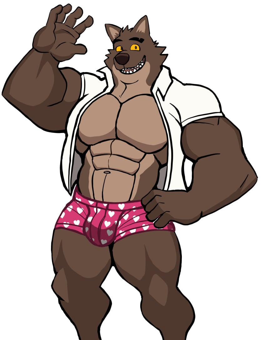 5_fingers anthro balls bara barazoku bulge darknaigart flaccid furry male male_only mr._wolf_(the_bad_guys) muscles muscular navel penis simple_background solo solo_male the_bad_guys underwear waving wolf