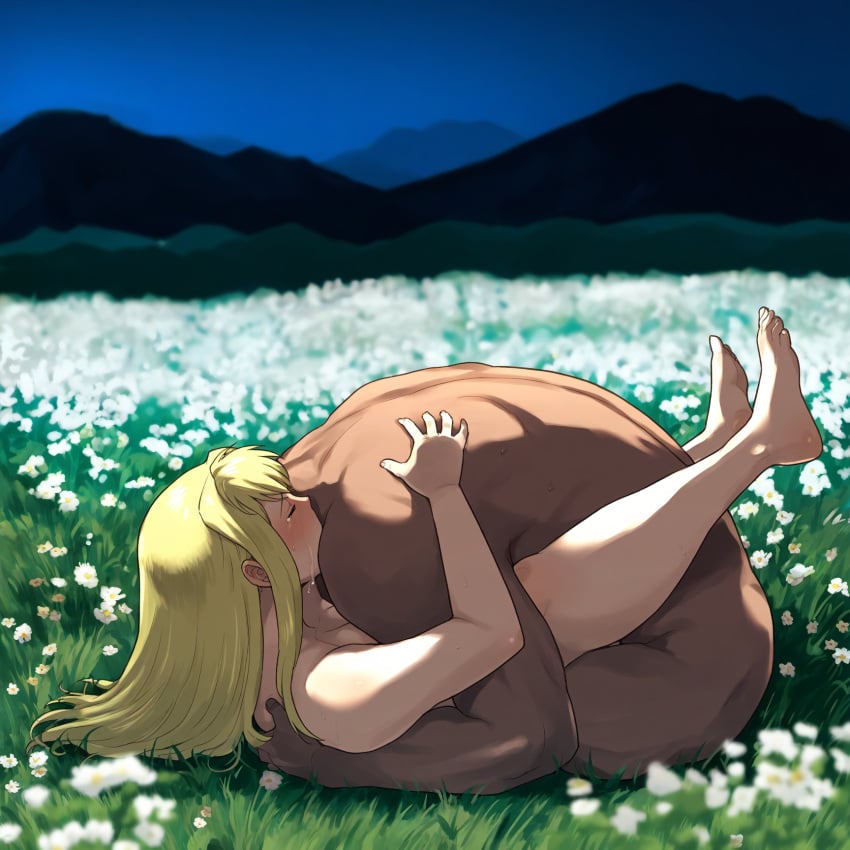 1boy 1girls abasta ai_generated ass barefoot blonde_hair blue_eyes closed_eyes crying dark dark-skinned_male dark_skin feet female fullmetal_alchemist grabbing happy_sex interracial intimate kissing light-skinned_female looking_pleasured male_on_top missionary_position moaning netorare night on_ground outdoor_sex outdoors romantic sex smug stars vaginal_penetration vaginal_sex winry_rockbell