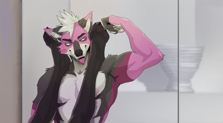 american_psycho anthro biceps canid canine canis digital_media_(artwork) drmax duo feet fingers fur hair hi_res legs_up male mammal meme muscular muscular_anthro muscular_male nipples parody pecs pose sex smile toes wolf