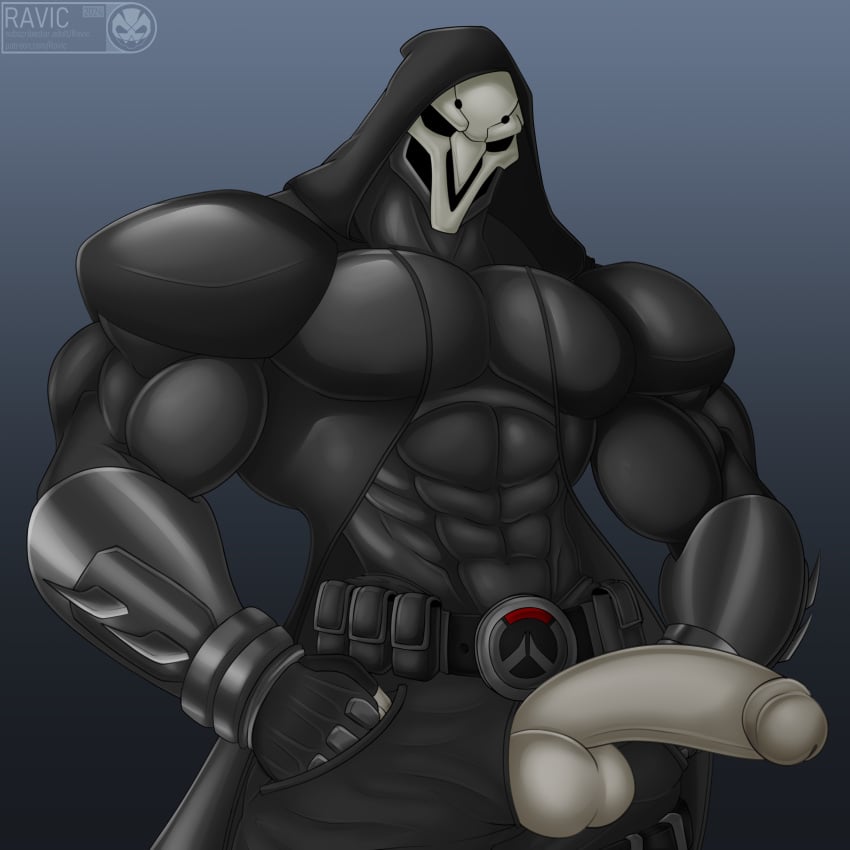 1male abs bara barazoku black_suit buckle gabriel_reyes gay hand_on_pocket hood male male_only mask muscular muscular_male overwatch pecs penis penis_through_fly reaper solo spiked_armband theravic tight_clothing tight_fit video_game_character video_games