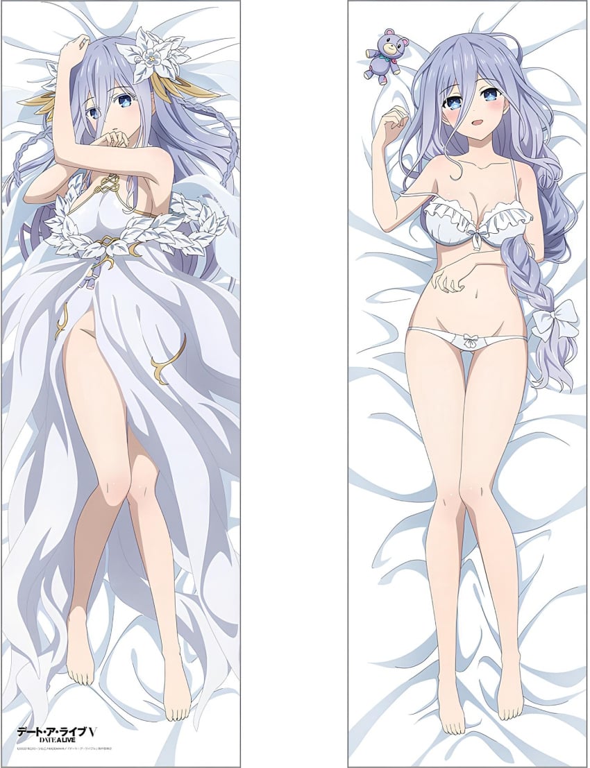 armpit_crease bare_arms bare_belly bare_legs bare_shoulders bare_thighs barefoot bed_sheet belly_button big_breasts blue_eyes blush body_blush bow_panties bra braid braided_ponytail breasts cleavage collarbone dakimakura dakimakura_design date_a_live dress feet flower_in_hair groin hair_ribbon knees_together_feet_apart long_hair lying no_panties official_art open_mouth panties parted_lips purple_hair sideboob smile strap_slip takamiya_mio teddy_bear thighs toes underwear underwear_only white_bra white_panties